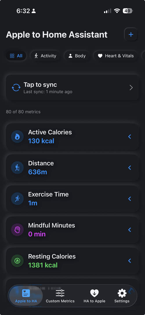 Health Assistant Link syncing Apple Health metrics to Home Assistant